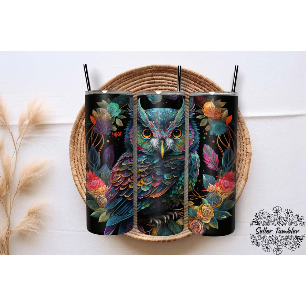 Owl  Neon Floral 20 Oz, Tumbler 20 oz Wrap PNG, Skinny Tumbler Designs PNG.jpg
