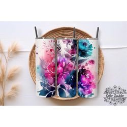 pink blue ombre watercolor florals 20 oz, tumbler 20 oz wrap png, skinny tumbler designs png