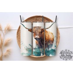 waterclour highland cow 20 oz, tumbler 20 oz wrap png, skinny tumbler designs png