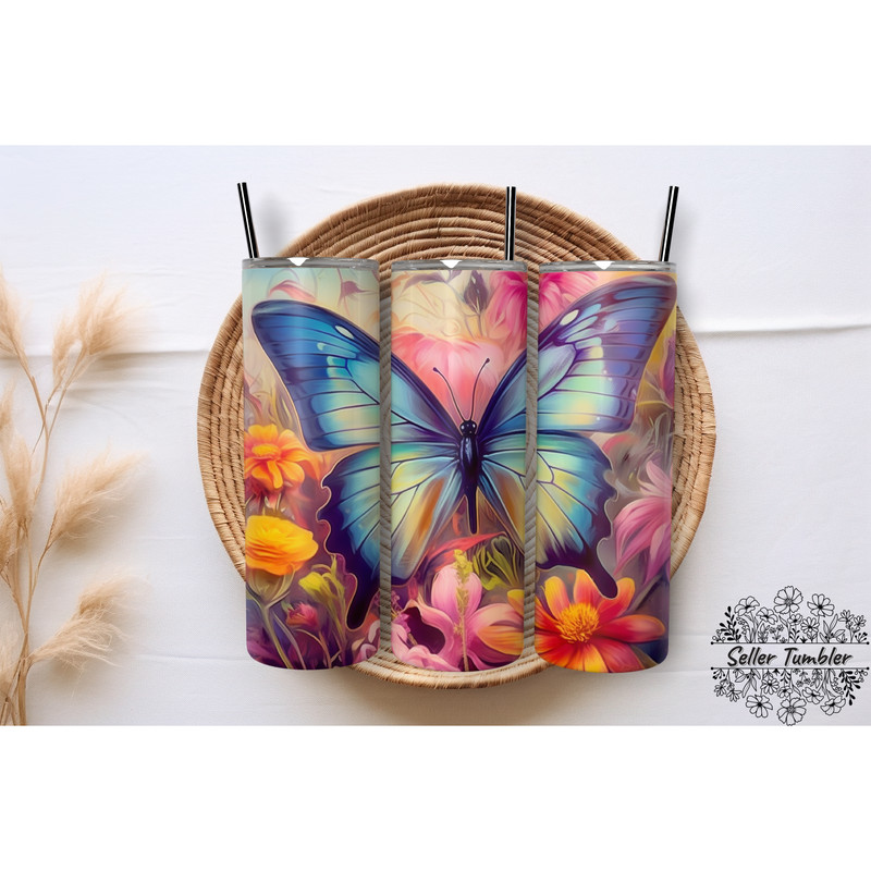 Butterfly Landscape Floral 20 Oz, Tumbler 20 oz Wrap PNG, Skinny Tumbler Designs PNG.png