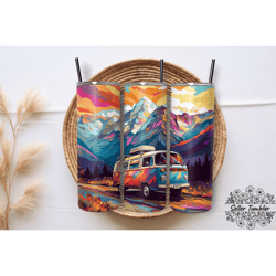 colorful camping car mountain 20 oz, tumbler 20 oz wrap png, skinny tumbler designs png