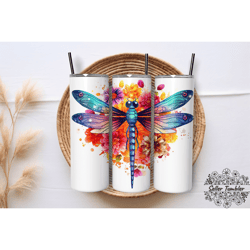 colorful floral dragonfly 20 oz, tumbler 20 oz wrap png, skinny tumbler designs png