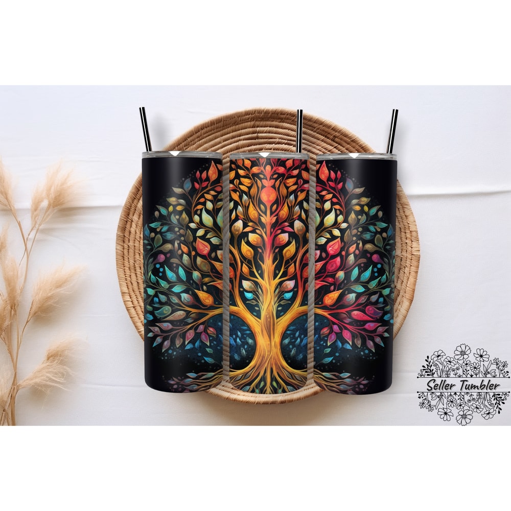 Colorful Tree Of Life Yoga 20 Oz, Tumbler 20 oz Wrap PNG, Skinny Tumbler Designs PNG.png