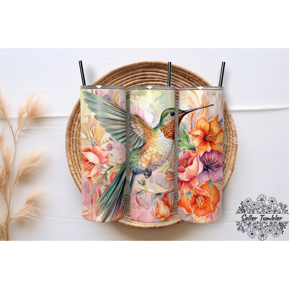Hummingbird Watercolor Flowerin 20 Oz, Tumbler 20 oz Wrap PNG, Skinny Tumbler Designs PNG.png