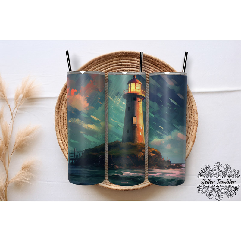 Lighthouse River Sky 20 Oz, Tumbler 20 oz Wrap PNG, Skinny Tumbler Designs PNG.png
