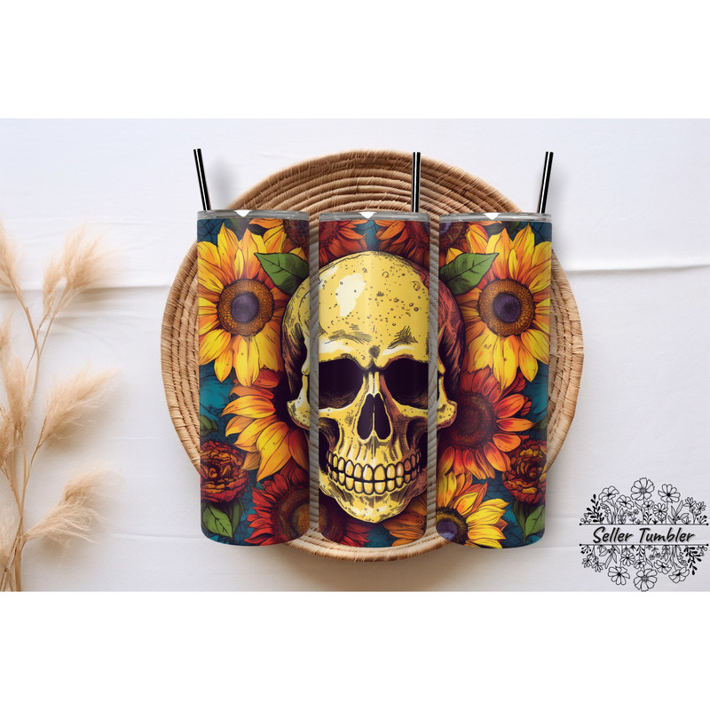 Skull Sunflowers 20 Oz, Tumbler 20 oz Wrap PNG, Skinny Tumbler Designs PNG.png