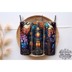 stained glass halloween haunted house tumbler 20 oz wrap png, tumbler wraps, tumbler png, skinny clipart