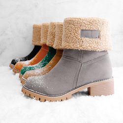 Snow Boots Block Heels -Warm Plush High Snow Boots Women -Fur Lining Snow Boots Block Heel Women's Classy Block Heel .-