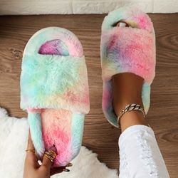 Cozy Fluffy Furry House Slippers, Single Band Open Toe Platform Fuzzy Shoes, Comfy Warm Home Slippers