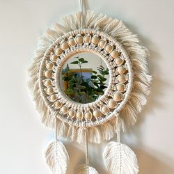 1pc Bohemian Woven Leaf Feather Makeup Mirror Living Room - Bedroom, Entrance Decoration Mirror - Tapestry
