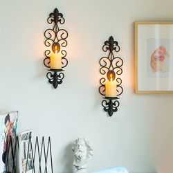 2pcs, Rustic Black Candle Sconces - Retro Wall-Mounted Iron Art Diamond-Set Candle Holders for Living Room - Farmhouse