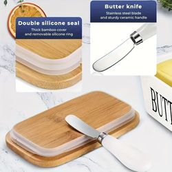 1pc Butter Fresh-keeping Box With Wooden Lid - Ceramics Butter Keeper Container - Butter Sealed Storage With Lid,