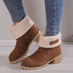 Women's Plush Lined Ankle Boots - Foldable Design Chunky Heeled Shoes, Winter Thermal Mid Calf Boots