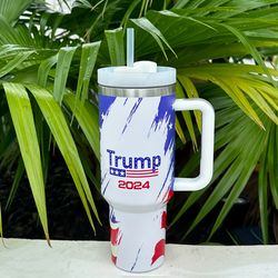 US Flag Tumbler With Lid And Straw - 40oz Stainless Steel Thermal Water Bottle With Handle - Portable Drinking Cups