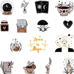 boho vintage hand-drawn doodle witchcraft stickers pack