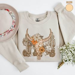 cow skull sweatshirt, western american cow skull sweatshirt, western aztec bull skull sweatshirt, western gift, cowgirl