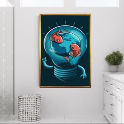 fish in light bulb canvas wall decor, two fish canvas print art, earth and sea canvas wall decor, ready-to-hang canvas w