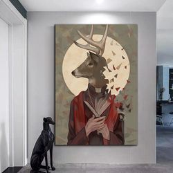 human body deer canvas wall art, deer reading book canvas print art, dismembered deer canvas wall art, surreal animal ca