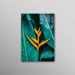 mural art, glass wall art, glass art, tropical flower, green leaves glass art, botanical glass printing, tropical flower