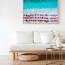 aerial umbrellas ocean beach california retro waves summer photography coastal wall art decor canvas frame printed boho
