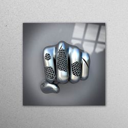mural art, glass art, wall decoration, silver fist, 3d effect wall decoration, metallic fist glass decor, luxury glass w