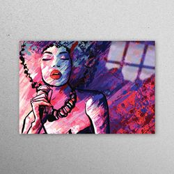 mural art, wall art, glass art, woman singer painting, abstract glass wall, singer glass art, abstract woman wall art,