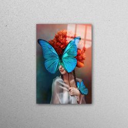 mural art, wall art, tempered glass, surreal portrait glass decor, girl wall art, butterflies tempered glass, woman and