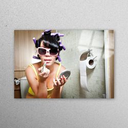 mural art, wall decor, glass art, woman sitting on toilet, bathroom glass art, fashion girl glass wall, vouge wall decor