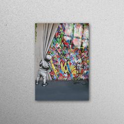 mural art, wall decor, glass, painting glass decor, martin watson glass wall, banksy boy wall art, banksy colorful graff