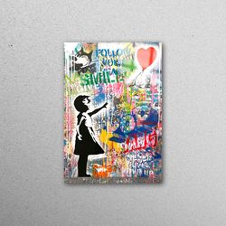 mural art, wall decor, wall art, banksy girl graffiti, red balloon glass wall, modern glass printing, abstract glass wal