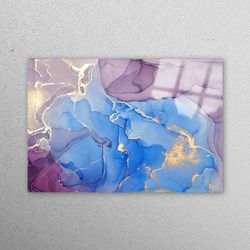 mural art, wall decor, wall decoration, purple and blue marble wall art, gold marble wall decor, marble tempered glass,