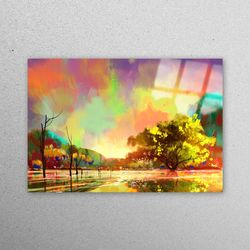mural art, wall decoration, glass art, rainy day painting, oil painting print, landscape glass wall art, colorful glass