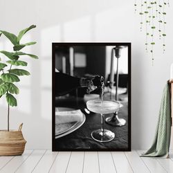 Champagne Drink Black and White Photography Vintage Luxury Canvas Framed Martini Bar Pub Tavern Trendy Wall Art Decor Al