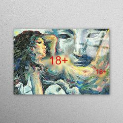 wall decor, glass printing, mural art, man watching naked woman, naked woman tempered glass, nude glass wall, nude woman