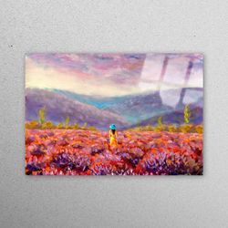 wall decor, glass, glass art, woman in flower field painting, view glass art, spring landscape glass wall,