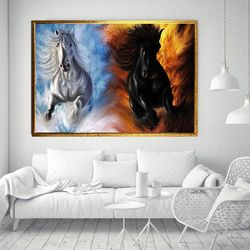 white and black horse canvas wall art, fire and water canvas wall art, running horses canvas print art, animal lover can