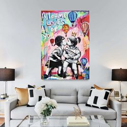 love and kissing art, gift for lover, colourful graffiti, famous mural quote, heart graffiti art, pop art love decor