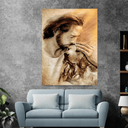 jesus with lovely golden retriever - for dog lover vertical poster