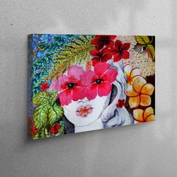 wall art canvas, wall decor, large wall art, flowers and woman painting, modern canvas art, botanical canvas decor,