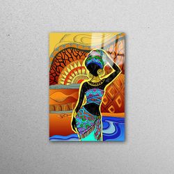 wall decor, glass art, wall decoration, african woman painting, contemporary glass wall art, black woman glass art, afri
