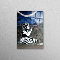 wall decoration, mural art, glass wall art, graffiti wall decor, dandelion hearts tempered glass, banksy girl glass wall