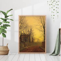 warm tone autumn fall vintage countryside house landscape painting cabin farmhouse retro wall art decor canvas framed pr