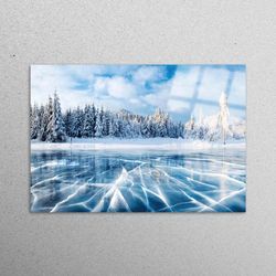 winter scenery, glass wall art, landscape glass art, glass, glass art wall decor, winter forest view glass wall,