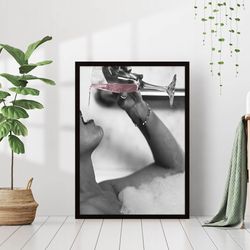 woman drinking pink champagne in bubble bath black & white vintage retro photo fashion bedroom wall art decor canvas can