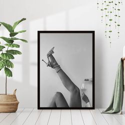 woman drinking wine high heels black & white vintage retro photo fashion bedroom happy hour bar wall art decor canvas ca