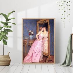 woman looking mirror pink dress vanity vintage portrait canvas print canvas framed oil painting contemporary retro aesth