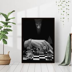 woman playing chess stylish print black and white retro vintage luxury fashion jewelry photography canvas framed printed