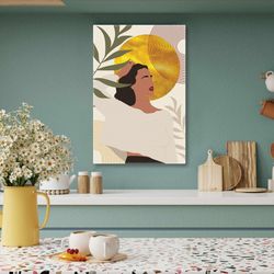 woman wall art, gold detail art, scandinavian wall decor, boho wall art, roll up canvas, stretched canvas art, framed wa