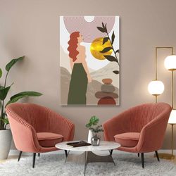 woman wall art, nature canvas art, scandinavian wall decor, boho wall art, roll up canvas, stretched canvas art, framed