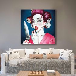 redhead canvas art, psyhco women wall art, gift for her, knife wall art, roll up canvas, stretched canvas art, framed wa